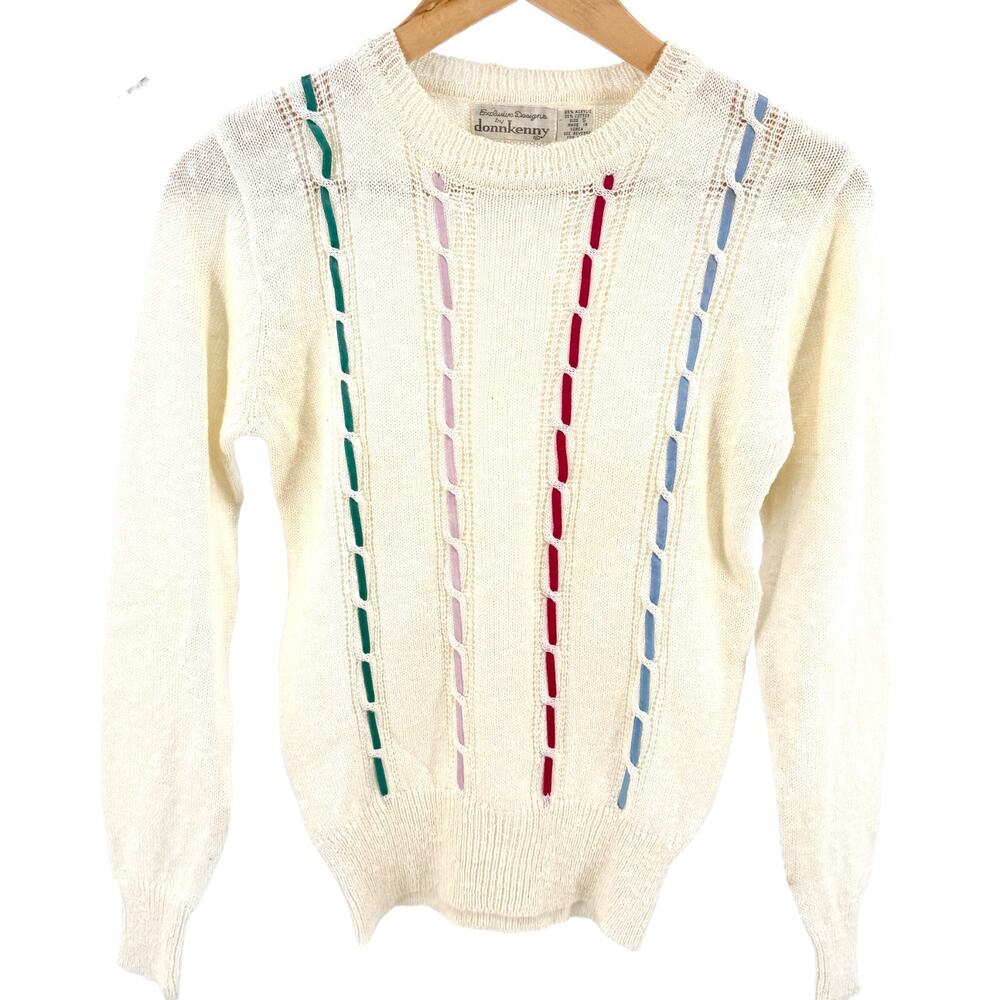 Vintage 80s Donnkenny Ivory Ribbon Trim Knit Sweater
